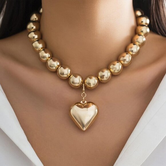 Elegant Chunky Gold Necklace with Heart & Pearl Accents - Perfect Gift - Picture 2 of 8